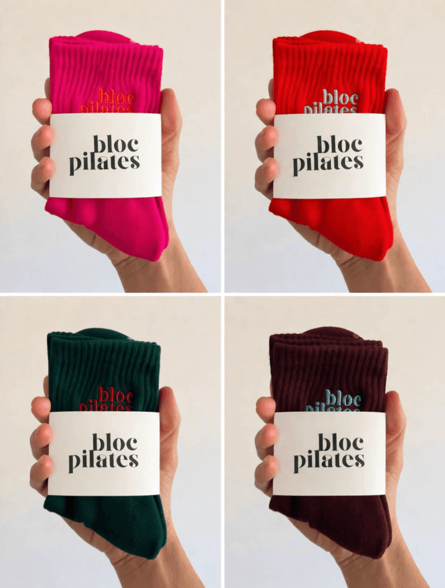 Bloc Pilates grip socks — pink, red, green and burgundy colourways